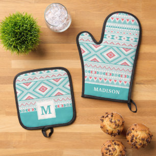 Ensemble De Gant De Cuisine Et De Manique Turquoise et Motif tribal aztèque rose