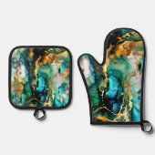 Ensemble De Gant De Cuisine Et De Manique Turquoise Turquoise Gold Abstrait Art (Recto)
