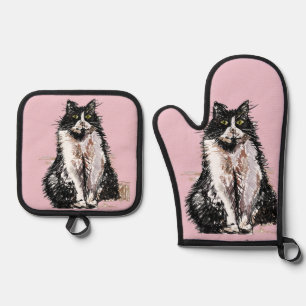 Ensemble De Gant De Cuisine Et De Manique Tuxedo Chat Cute Chats Noir Blanc Pastel Rose