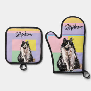 Ensemble De Gant De Cuisine Et De Manique Tuxedo Chat Pastel Couleurs Rose Girls Nom