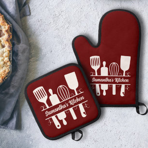 Ensemble De Gant De Cuisine Et De Manique Ustensiles de cuisson à l'huile Monogramme Rouge