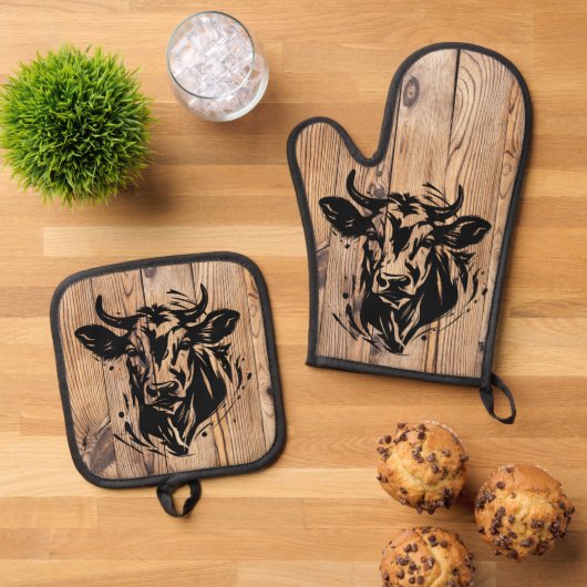 Ensemble De Gant De Cuisine Et De Manique Vache de campagne (De haut en bas)