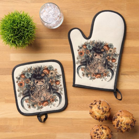 Ensemble De Gant De Cuisine Et De Manique Vache écossaise des Highlands (De haut en bas)