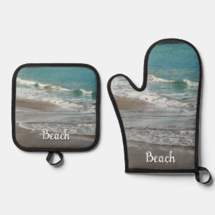 Ensemble De Gant De Cuisine Et De Manique Vagues sur la plage bleu turquoise Océan