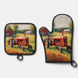 Ensemble De Gant De Cuisine Et De Manique Véhicule agricole rétro tracteur rouge rustique vi