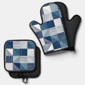 Ensemble De Gant De Cuisine Et De Manique Vérifications géométriques modernes avec des ligne (Recto/Verso)