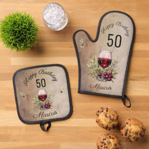 Ensemble De Gant De Cuisine Et De Manique Verre rouge Olive Aquarelle 50e anniversaire