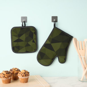 Ensemble De Gant De Cuisine Et De Manique Vert foncé de l'armée noir motif de maille géométr