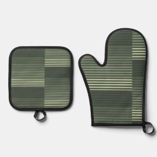 Ensemble De Gant De Cuisine Et De Manique Vert, Gris, Noir, Rayures Crème