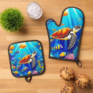 Ensemble De Gant De Cuisine Et De Manique Vibrant Reef : Le royaume sous-marin de la tortue