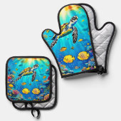Ensemble De Gant De Cuisine Et De Manique Vibrant Sea Turtle Reef Art (Recto/Verso)