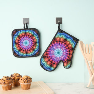 Ensemble De Gant De Cuisine Et De Manique Vibrant Tie Dye Kaleidoscope Rainbow Mandala