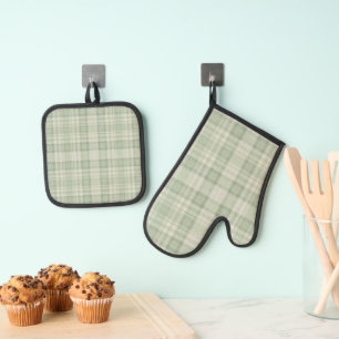 Ensemble De Gant De Cuisine Et De Manique Vichy vert sauge clair