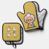 Ensemble De Gant De Cuisine Et De Manique Vieille dame au poulet (Recto/Verso)