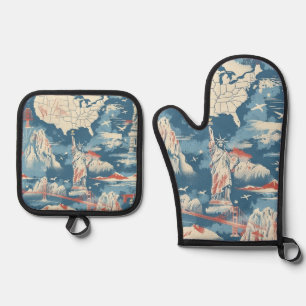 Ensemble De Gant De Cuisine Et De Manique Vintage American Landmark Motif - Liberty, USA