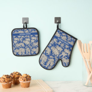 Ensemble De Gant De Cuisine Et De Manique Vintage bleu foncé toile de jouy imprimé