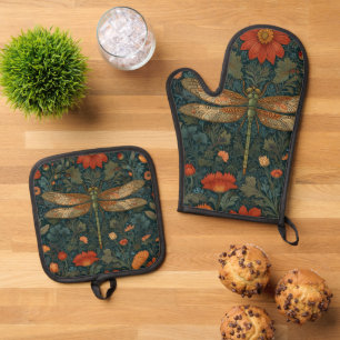 Ensemble De Gant De Cuisine Et De Manique Vintage dragonfly orange floral vert boho chic
