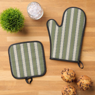 Ensemble De Gant De Cuisine Et De Manique Vintage français rayures de verdure - Fermette neu