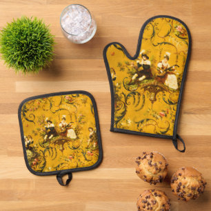 Ensemble De Gant De Cuisine Et De Manique Vintage French Gold Yellow Toile Victorian Floral
