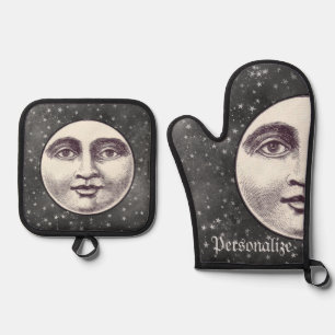 Ensemble De Gant De Cuisine Et De Manique Vintage homme dans la lune plein visage gris étoil