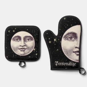 Ensemble De Gant De Cuisine Et De Manique Vintage homme dans la lune plein visage noir blanc