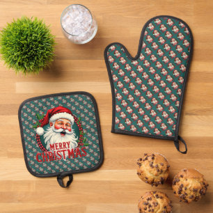 Ensemble De Gant De Cuisine Et De Manique Vintage Père Noël Joyeux Noël Illustration Patten