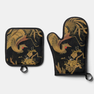Ensemble De Gant De Cuisine Et De Manique Vintage Phoenix Gold Black Bird japonais