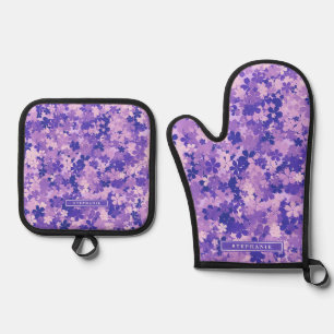 Ensemble De Gant De Cuisine Et De Manique Violet Floral Élégant Violet Blossom Motif