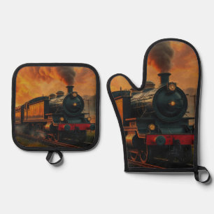 Ensemble De Gant De Cuisine Et De Manique Voyage en train victorien - Steampunk Steam Train