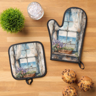 Ensemble De Gant De Cuisine Et De Manique Vue de fenêtre en bord de mer Scène côtière à l'aq