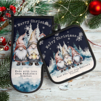 Ensemble De Gant De Cuisine Et De Manique Watercolor Christmas Gnomes Personalized