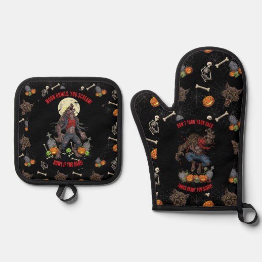 Ensemble De Gant De Cuisine Et De Manique 🔥 Werewolf Four Mitts & Pot Holders 🐺 🎃 (Recto)