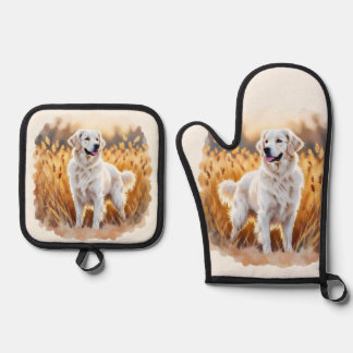 Ensemble De Gant De Cuisine Et De Manique White Golden Retriever Dog