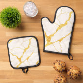 Ensemble De Gant De Cuisine Et De Manique White Marble Gold Veins Pattern (De haut en bas)