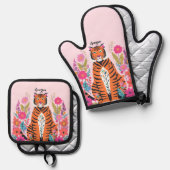 Ensemble De Gant De Cuisine Et De Manique Wild Cat Tiger Pink Personalized (Recto/Verso)