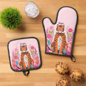 Ensemble De Gant De Cuisine Et De Manique Wild Cat Tiger Pink Personalized (De haut en bas)