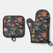 Ensemble De Gant De Cuisine Et De Manique William Morris Blue Teal Arts & Crafts Floral (Recto)