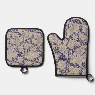 Ensemble De Gant De Cuisine Et De Manique William Morris Motif Giroflée Bleu Antique
