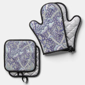 Ensemble De Gant De Cuisine Et De Manique William Morris Windrush fleurs bleues (Recto/Verso)