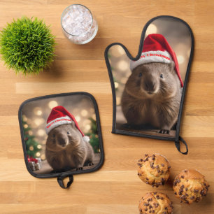 Ensemble De Gant De Cuisine Et De Manique "Wombat Wonderland : Un réveillon de Noël cosy"