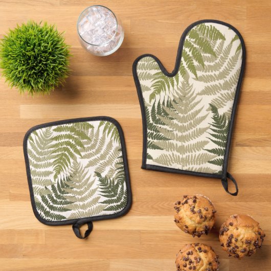 Ensemble De Gant De Cuisine Et De Manique Woodland Ferns  (De haut en bas)
