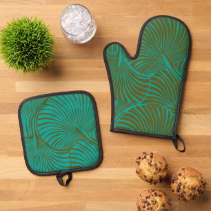 Ensemble De Gant De Cuisine Et De Manique Zebra Fan Palm Hawaiian Tropical Jade Green
