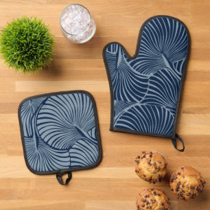 Ensemble De Gant De Cuisine Et De Manique Zebra Fan Palm Hawaiian Tropical Navy bleu