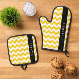 Ensemble De Gant De Cuisine Et De Manique Zigzag Jaune, Chevron Jaune, Votre Nom