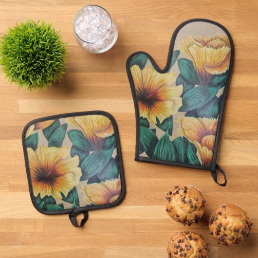 Ensemble de mitaines à four à hibiscus jaune (De haut en bas)