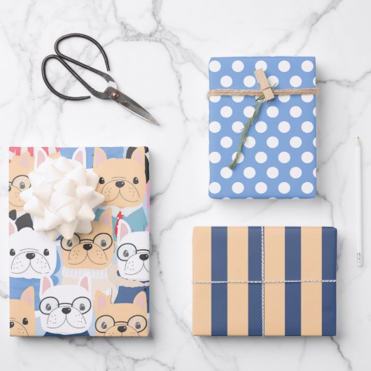 Ensemble de papier cadeau avec de mignons Bouledog (Recto)