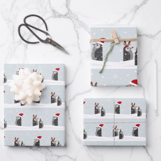 Ensemble de papier cadeau avec manchots de fêtes (Recto)