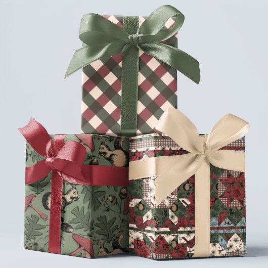 Ensemble de papier cadeau de Noël Forêt Patchwork