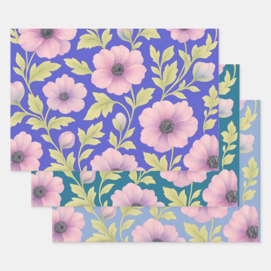 Ensemble de papier cadeau floral pastel | 3 modèle (Lot)