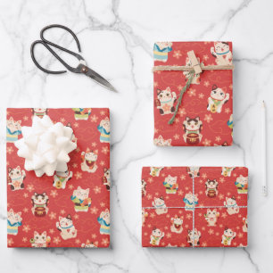 Ensemble de papier d'emballage Chats Lucky Maneki